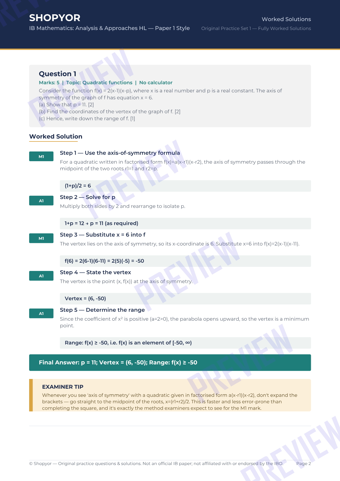 Sample page from IB Mathematics AA HL Paper 1 Style — Original Practice Questions with Worked Solutions (Set 1)