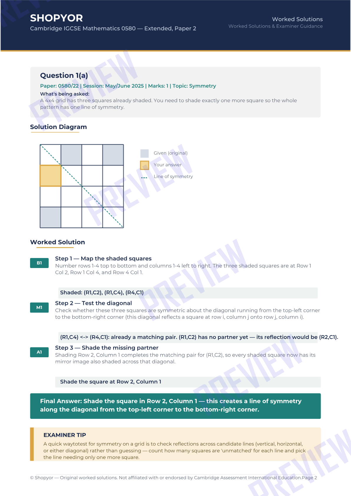 Sample page from IGCSE Mathematics 0580 Paper 2 Worked Solutions (Extended, Non-Calculator) — May/June 2025