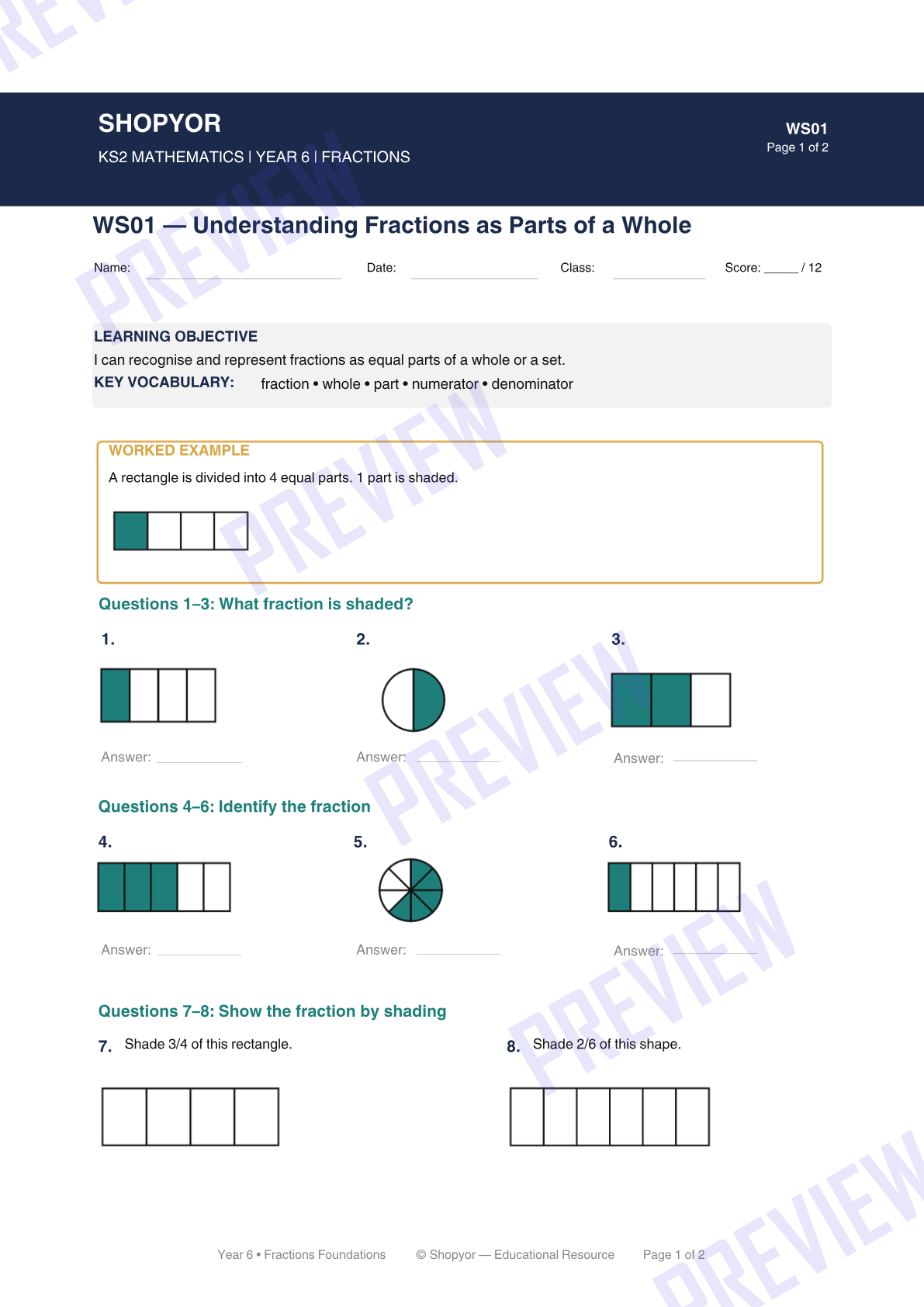 Sample page from Year 6 Maths Student Worksheet + Answer Keys: Understanding Fractions (WS01)