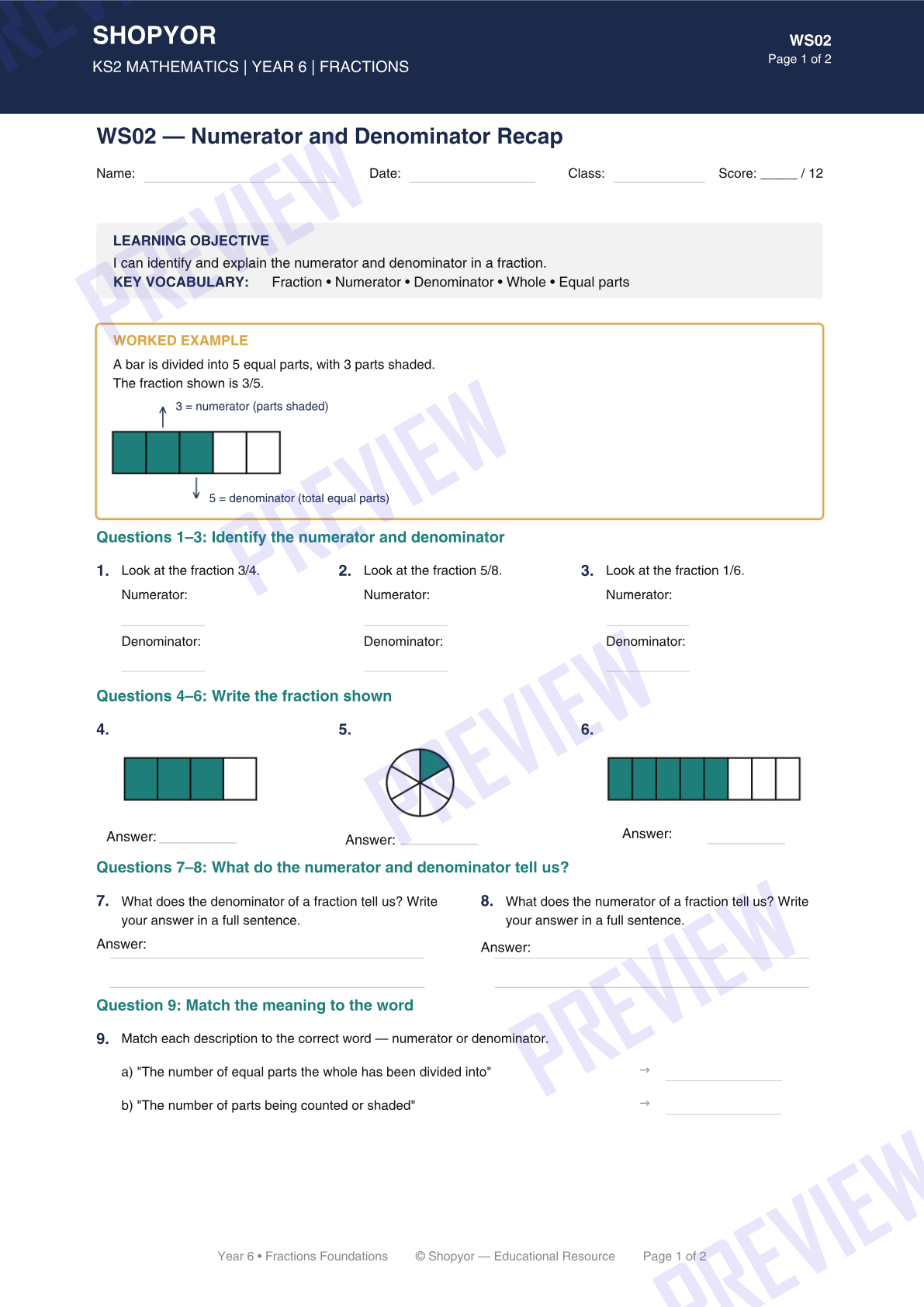 Sample page from Year 6 Maths Student Worksheet + Answer Keys: Numerator and Denominator Recap (WS02)